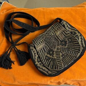 Antik Batik Darie Shoulder Bag Black Suede and Gold Beads